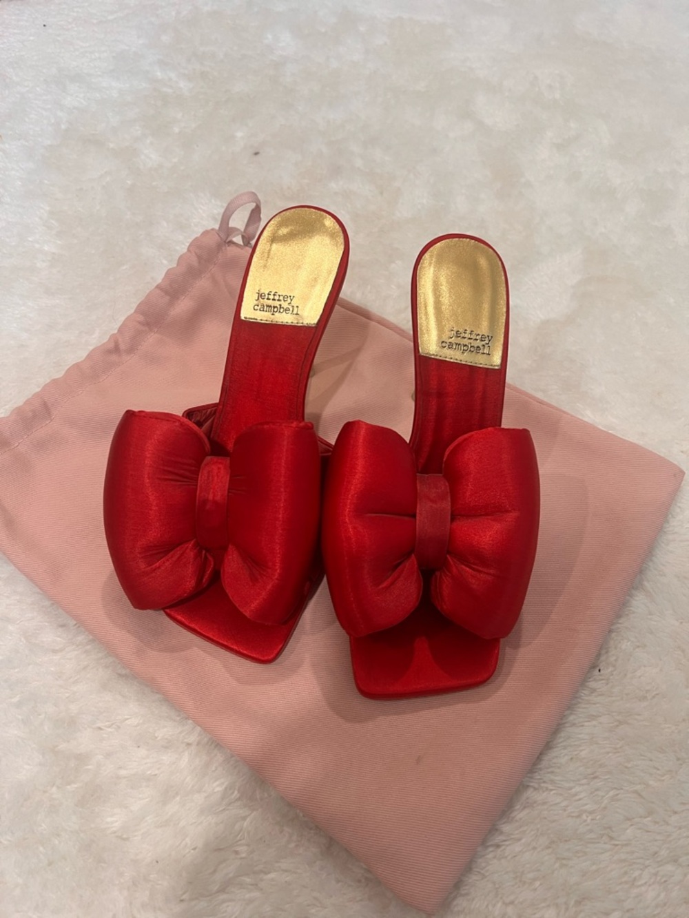 Jeffrey Campbell Deedee Red Satin Bow heels.
